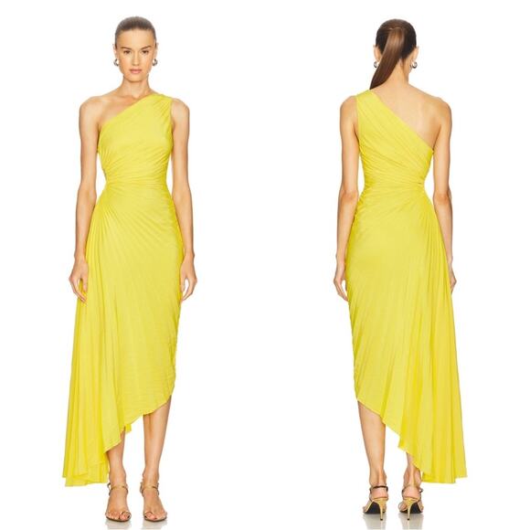 A.L.C. Delfina One Shoulder Pleated Ruched Cutout Sole Yellow Maxi Dress Size 10 - Picture 1 of 9